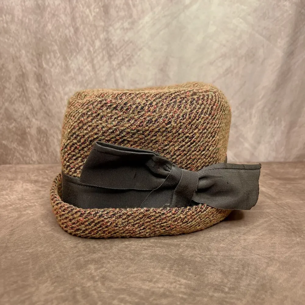 Vintage 60s Cedarbrook Orange Tapestry Derby Bucket Hat Cloche Bow Retro